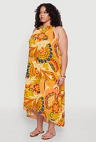 Womens Plus Size Boho Floral Print Keyhole High Low Dress, Yellow, Size 1X