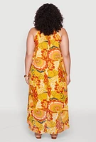 Womens Plus Size Boho Floral Print Keyhole High Low Dress, Yellow, Size 1X