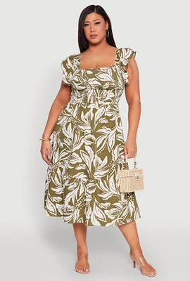 Womens Plus Size Smocked Floral Print Midi Dress, Green, Size 2X