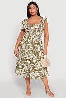 Womens Plus Size Smocked Floral Print Midi Dress, Green, Size 1X