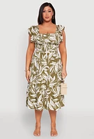 Womens Plus Size Smocked Floral Print Midi Dress, Green, Size 1X