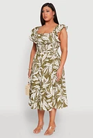Womens Plus Size Smocked Floral Print Midi Dress, Green, Size 1X