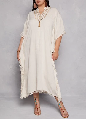 Womens Plus Size Embroidered Notch Neck Caftan Dress, Beige, Size 1X