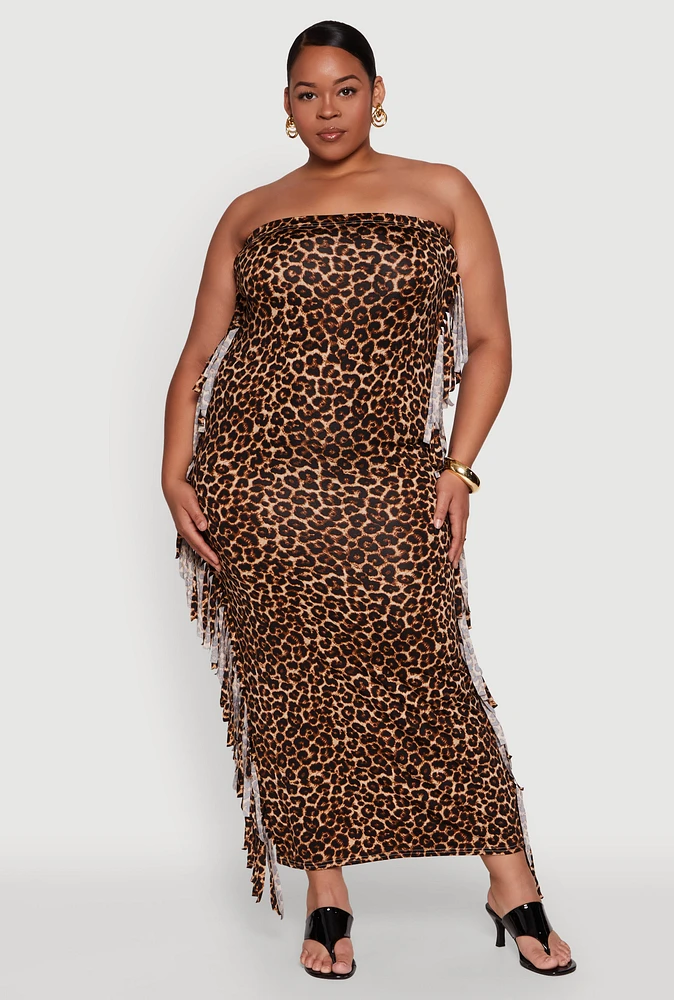 Womens Plus Size Patterned Fringe Side Tube Dress, Brown, Size 3X