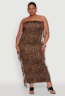 Womens Plus Size Patterned Fringe Side Tube Dress, Brown, Size 3X