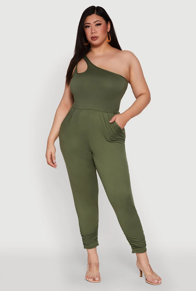 Womens Plus Size Keyhole One Shoulder Jumpsuit, Green, Size 1X