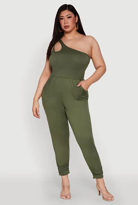 Womens Plus Size Keyhole One Shoulder Jumpsuit, Green, Size 1X