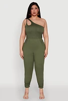 Womens Plus Size Keyhole One Shoulder Jumpsuit, Green, Size 1X