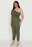 Womens Plus Size Keyhole One Shoulder Jumpsuit, Green, Size 1X