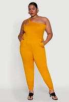 Womens Plus Size Keyhole One Shoulder Jumpsuit, Yellow, Size 1X