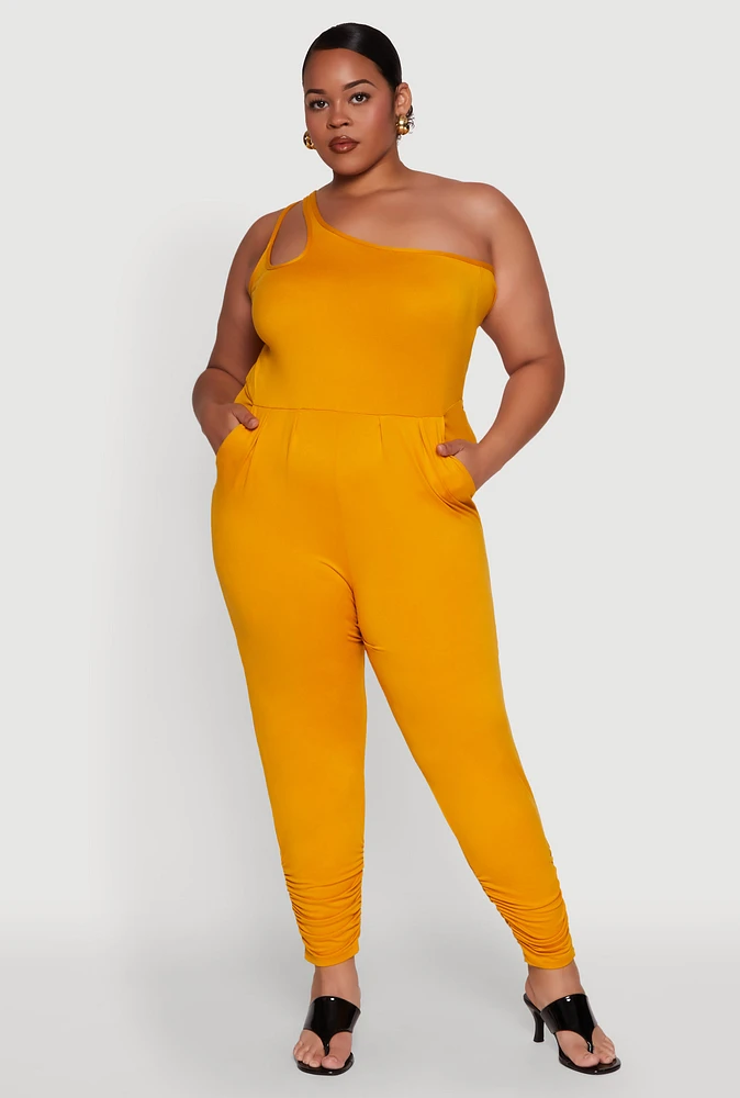 Womens Plus Keyhole One Shoulder Jumpsuit, Yellow,