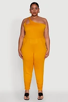 Womens Plus Keyhole One Shoulder Jumpsuit, Yellow,