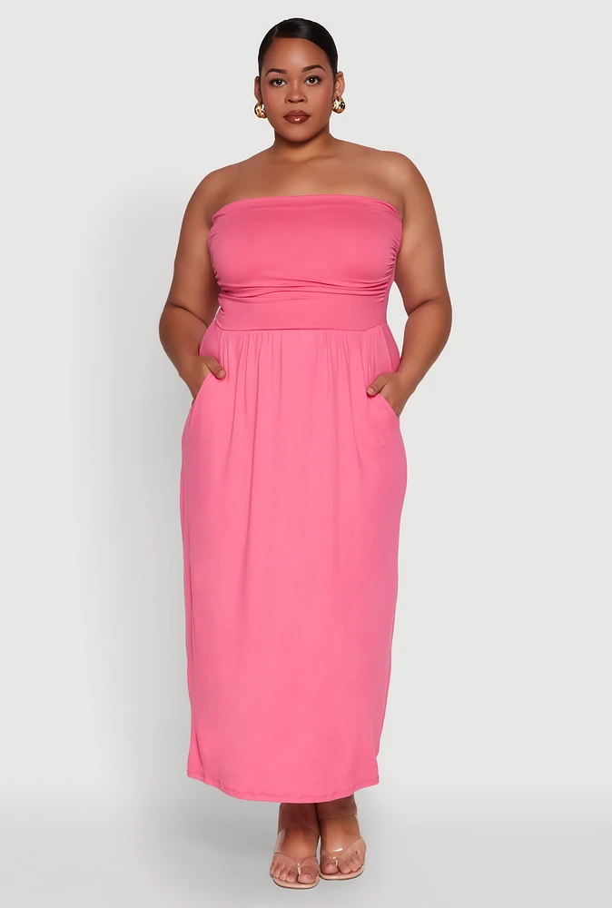 Womens Plus Size Soft Knit Empire Waist Maxi Tube Dress, Pink, Size 2X