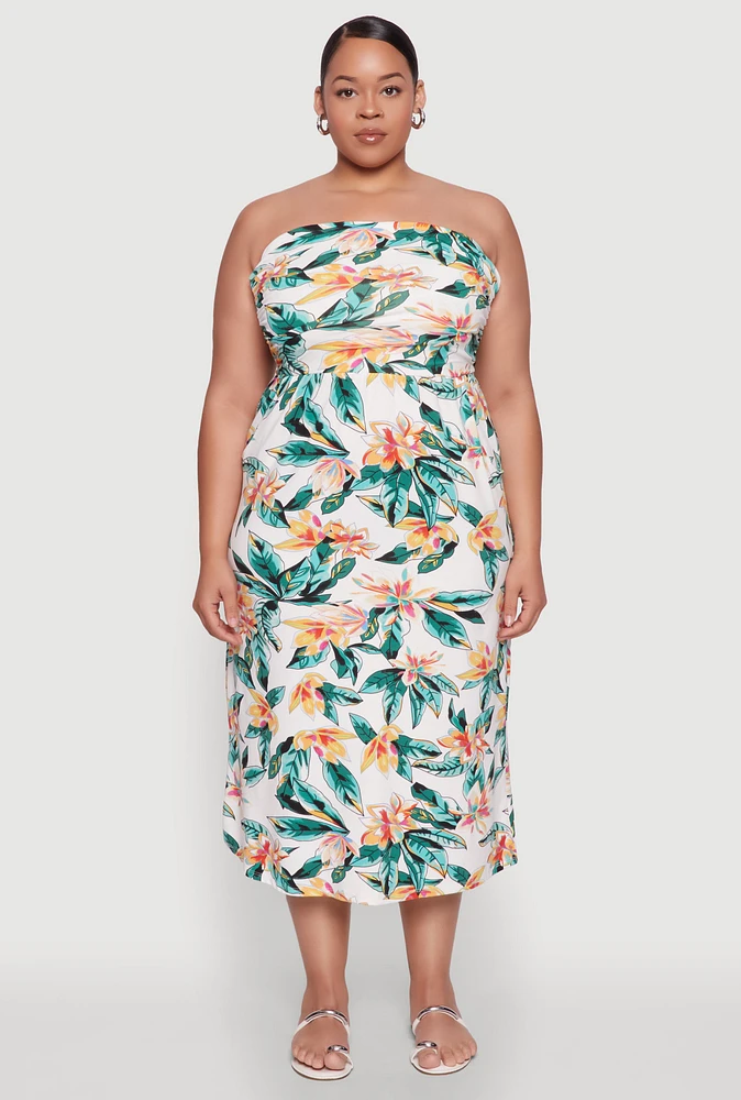 Womens Plus Size Floral Print Midi Tube Dress, Multi, Size 1X