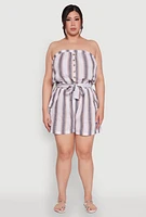 Womens Plus Size Striped Tie Waist Belted Cargo Romper, Multi, Size 3X