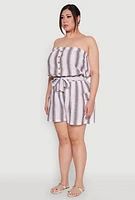 Womens Plus Size Striped Tie Waist Belted Cargo Romper, Multi, Size 3X