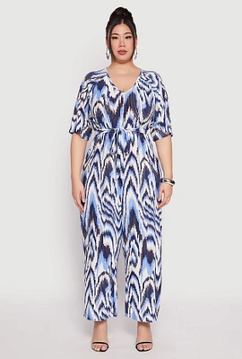 Womens Plus Size Psychedelic Print V Neck Jumpsuit, Blue, Size 3X