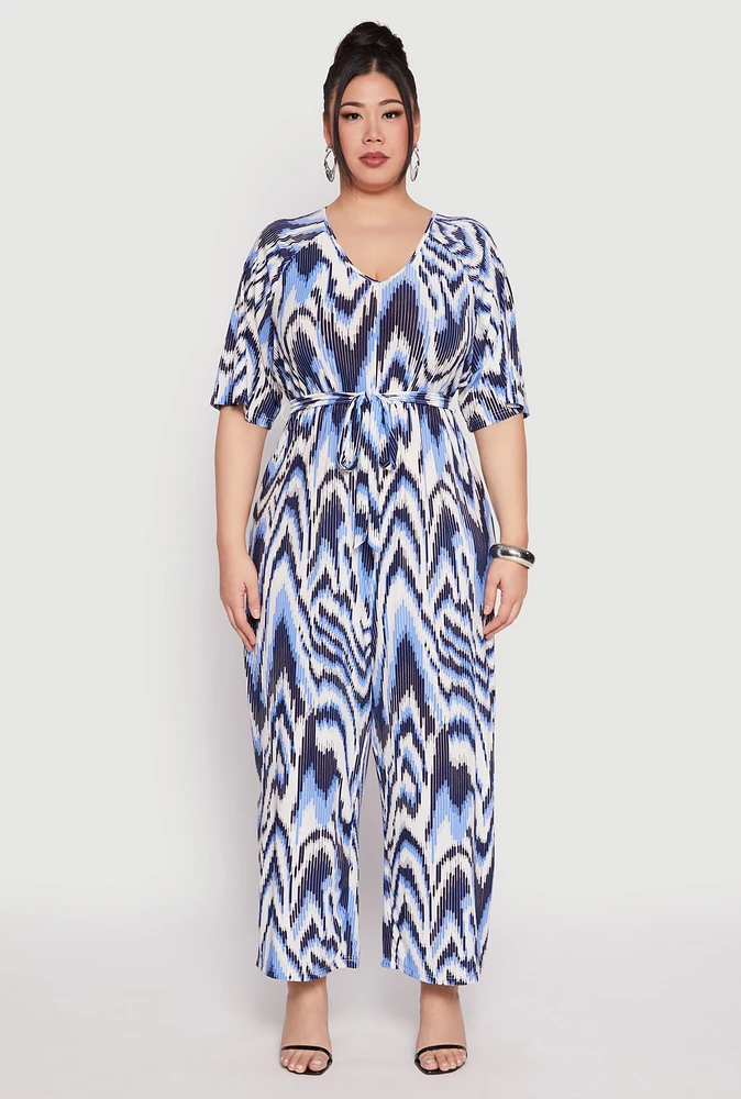 Womens Plus Size Psychedelic Print V Neck Jumpsuit, Blue, Size 1X