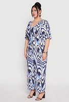 Womens Plus Size Psychedelic Print V Neck Jumpsuit, Blue, Size 3X