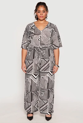 Womens Plus Size Geometric Print Belted Jumpsuit, Multi, Size 2X