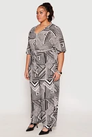 Womens Plus Size Geometric Print Belted Jumpsuit, Multi, Size 1X