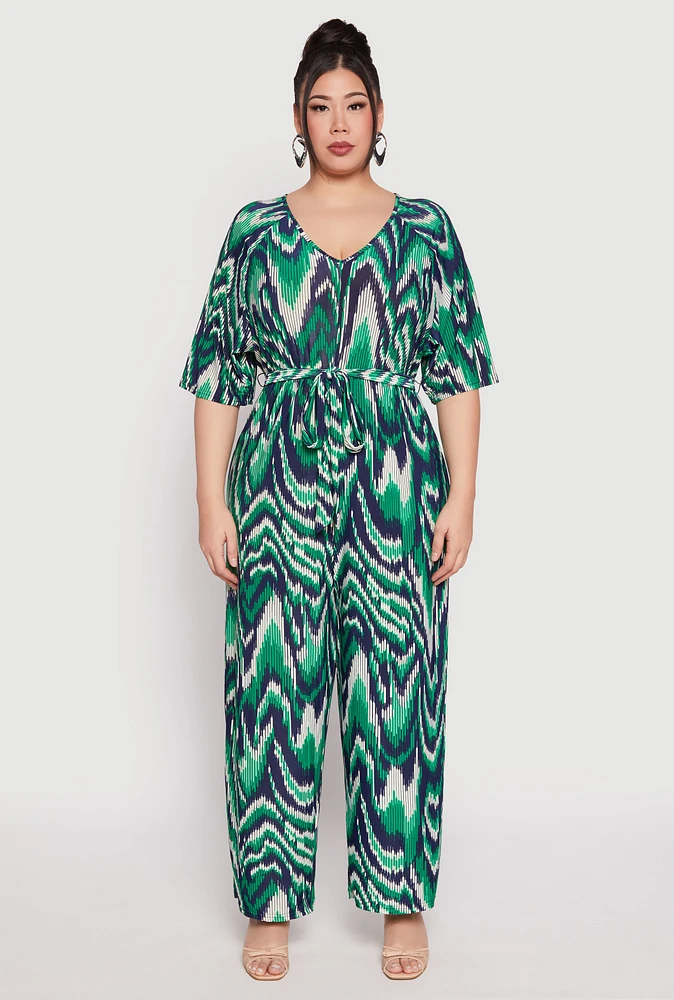 Womens Plus Size Psychedelic Print Jumpsuit, Green, Size 3X