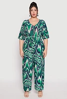 Womens Plus Size Psychedelic Print Jumpsuit, Green, Size 3X