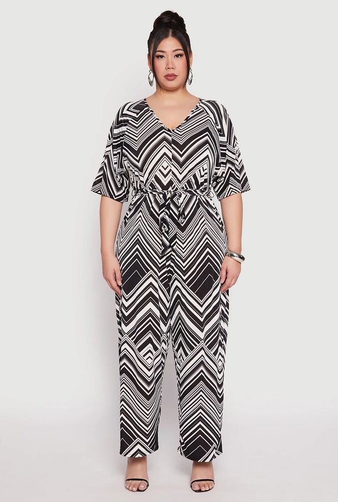 Womens Plus Chevron Pattern V Neck Jumpsuit, Multi,