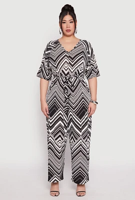 Womens Plus Chevron Pattern V Neck Jumpsuit, Multi,