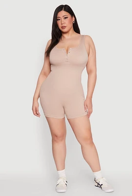Womens Plus Size Seamless Ribbed Sleeveless Biker Romper, Beige, Size 2X-3X