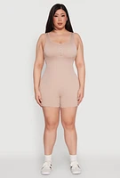 Womens Plus Size Seamless Ribbed Sleeveless Biker Romper, Beige, Size 1X-2X