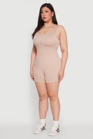 Womens Plus Size Seamless Ribbed Sleeveless Biker Romper, Beige, Size 1X-2X