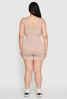 Womens Plus Size Seamless Ribbed Sleeveless Biker Romper, Beige, Size 1X-2X