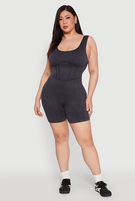 Womens Plus Seamless Ribbed Corset Detail Biker Romper, 1X-2X
