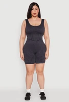 Womens Plus Seamless Ribbed Corset Detail Biker Romper, 1X-2X