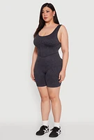 Womens Plus Seamless Ribbed Corset Detail Biker Romper, 1X-2X