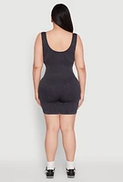 Womens Plus Seamless Ribbed Corset Detail Biker Romper, 1X-2X