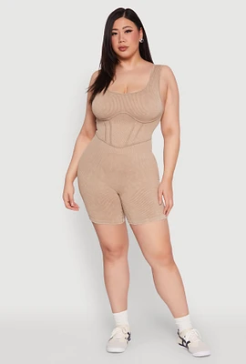 Womens Plus Seamless Ribbed Corset Detail Biker Romper, Beige,
