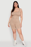 Womens Plus Seamless Ribbed Corset Detail Biker Romper, Beige,