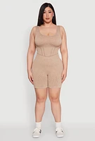Womens Plus Seamless Ribbed Corset Detail Biker Romper, Beige,