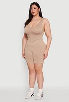 Womens Plus Seamless Ribbed Corset Detail Biker Romper, Beige,