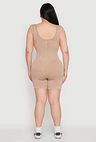 Womens Plus Seamless Ribbed Corset Detail Biker Romper, Beige,