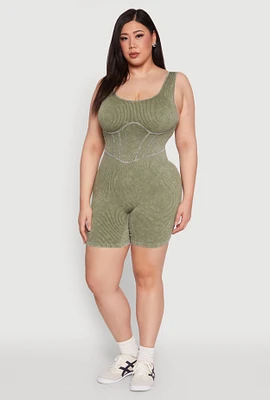 Womens Plus Seamless Ribbed Corset Detail Biker Romper, 1X-2X