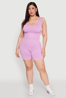 Womens Plus Size Seamless Ribbed Corset Detail Biker Romper, Pink, Size 2X-3X
