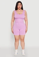 Womens Plus Size Seamless Ribbed Corset Detail Biker Romper, Pink, Size 2X-3X