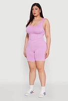 Womens Plus Size Seamless Ribbed Corset Detail Biker Romper, Pink, Size 2X-3X