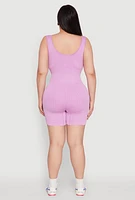 Womens Plus Size Seamless Ribbed Corset Detail Biker Romper, Pink, Size 2X-3X