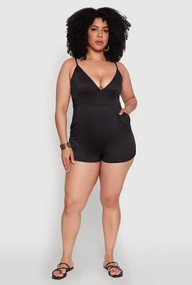 Womens Plus Size Textured Knit Tie Back Plunge Neck Romper, Black, Size 2X