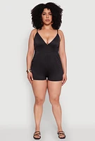 Womens Plus Size Textured Knit Tie Back Plunge Neck Romper, Black, Size 2X