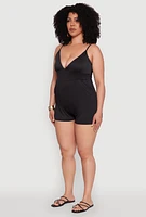 Womens Plus Size Textured Knit Tie Back Plunge Neck Romper, Black, Size 2X